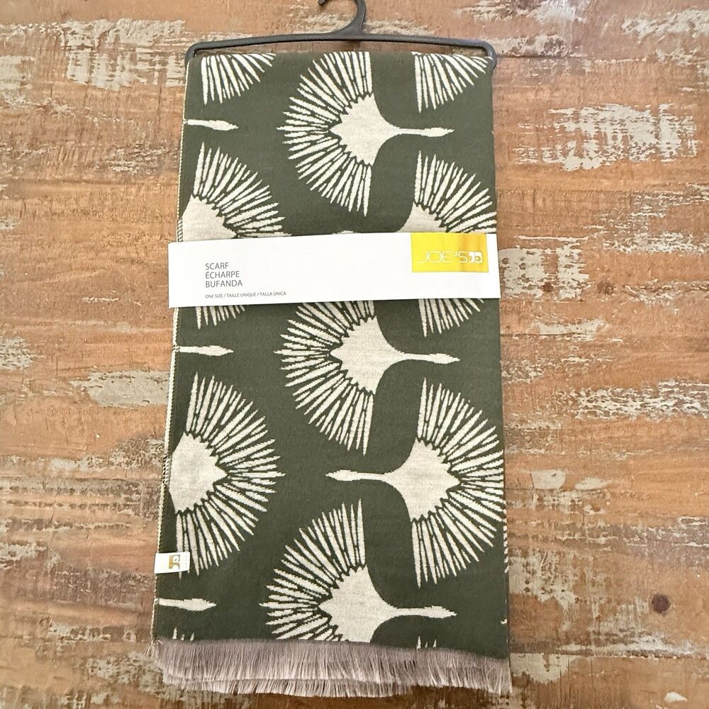 JOE’S Olive Green & Tan Art Deco Swan Design Fringe Lightweight Scarf 1 Sz New